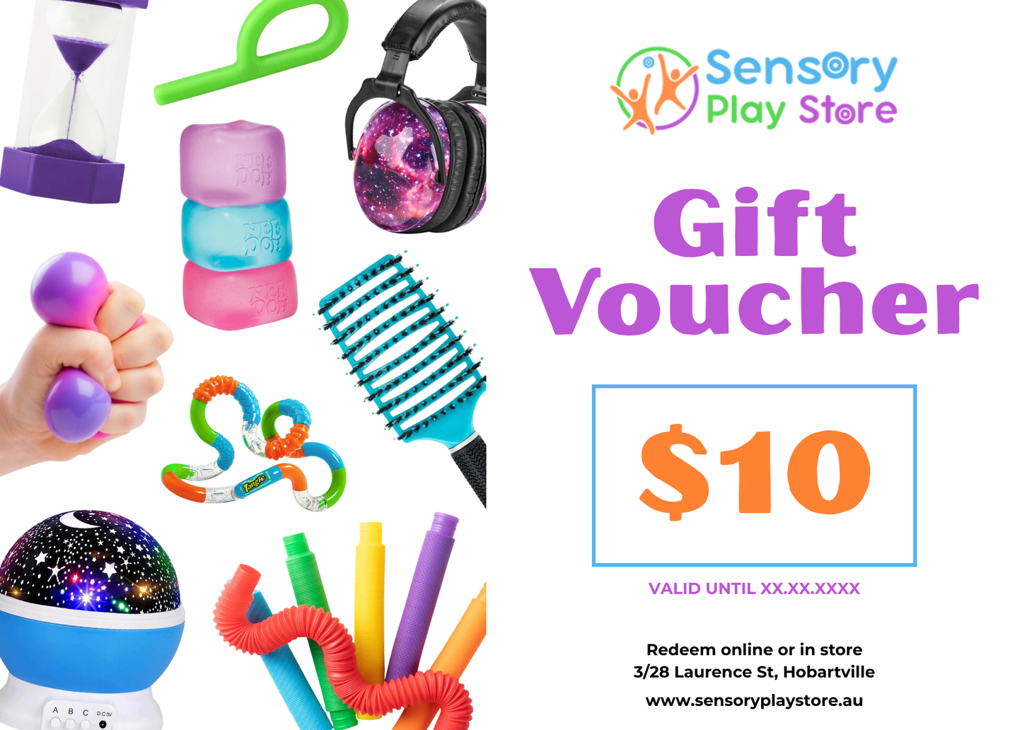 Gift voucher for Sensory Play Store with various sensory toys and a hand holding a toy.