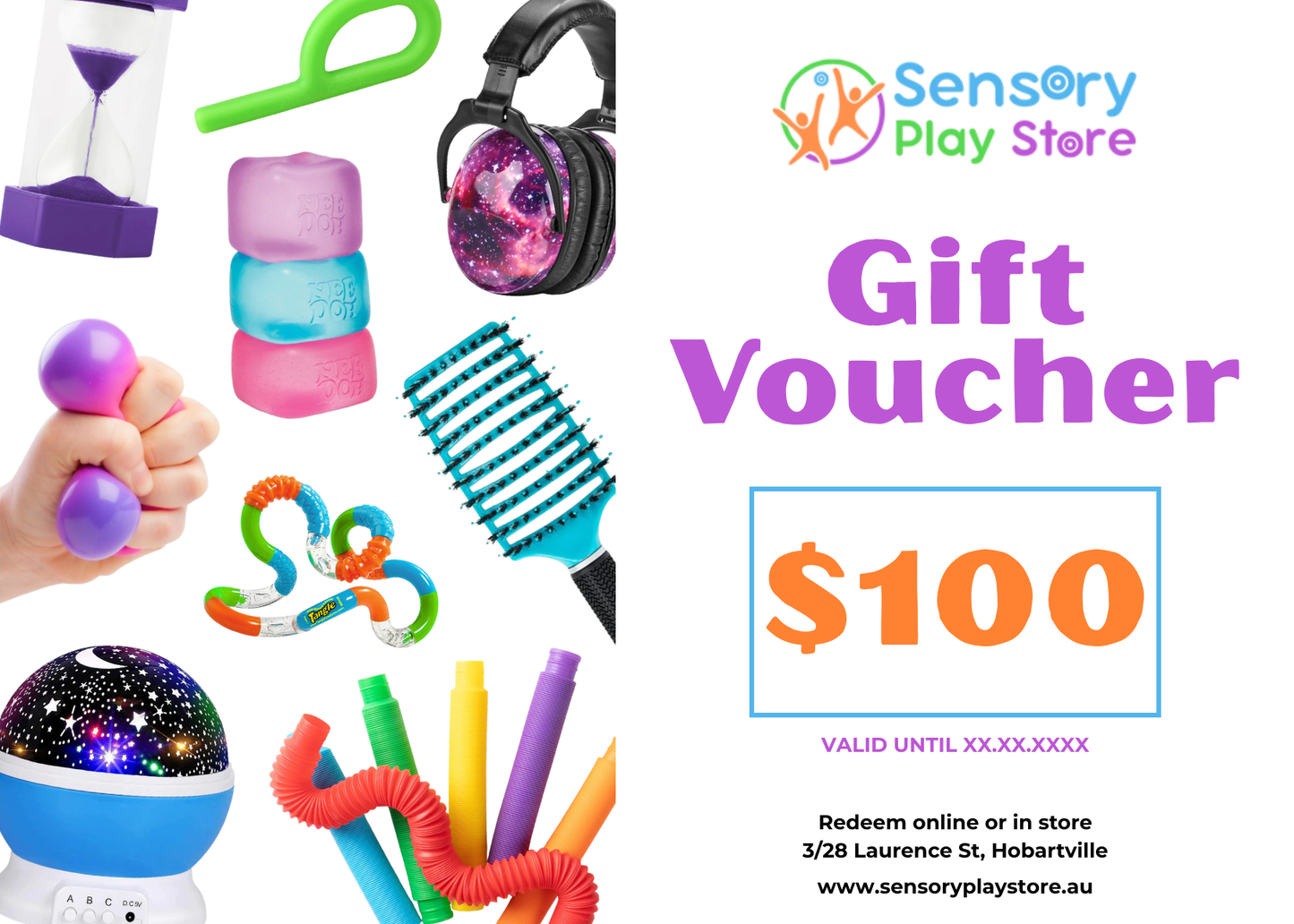 Gift voucher for Sensory Play Store with various sensory toys and a hand holding a toy.