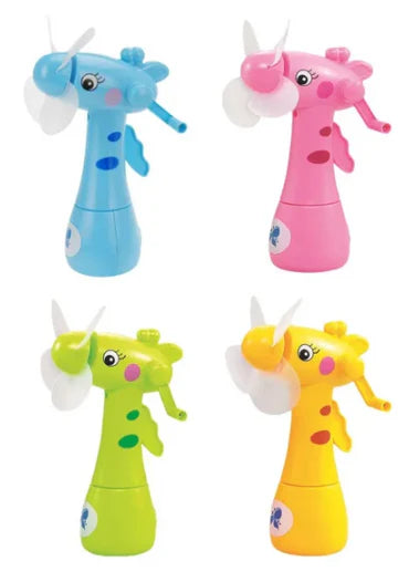 4 colourful Mist Spray Fan Giraffe in blue, plink, green and yellow