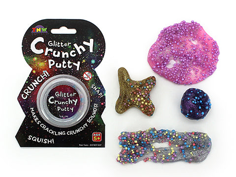Glitter Crunchy Putty packaging with putty samples on a white background