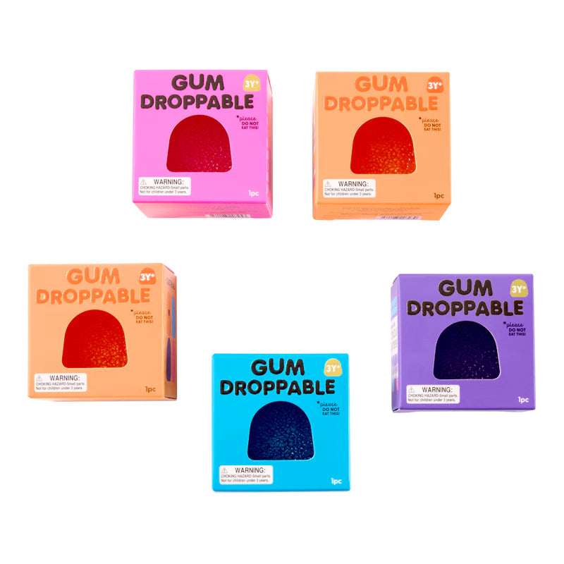 Five different coloured Gum Droppables in packaging on a white background