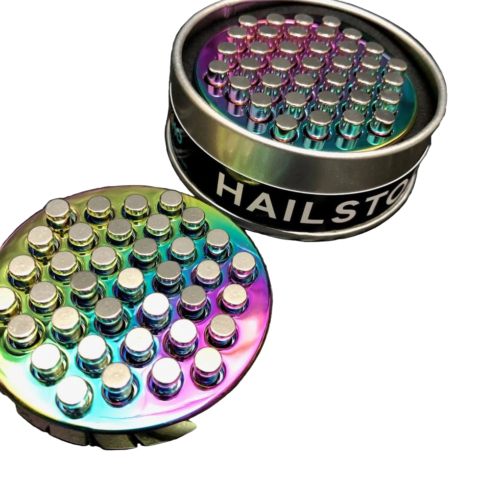 Colourful oil slick 'Hailstorm' with silver pins