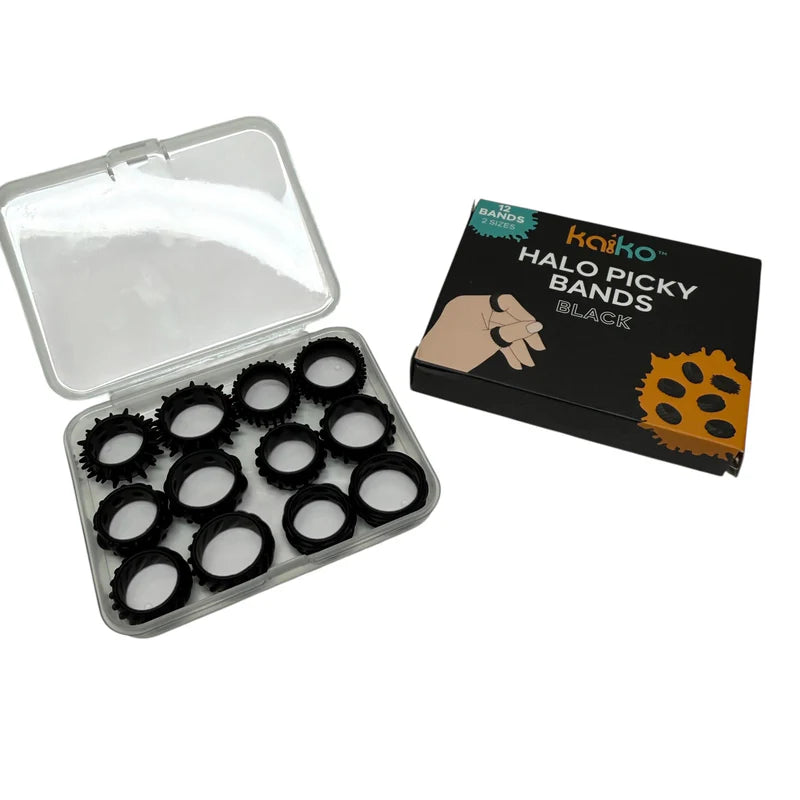 Black Kaiko Halo picky bands in a clear container with packaging 