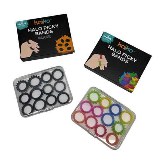 Kaiko Halo Picky Bands packaging with black and colourful options