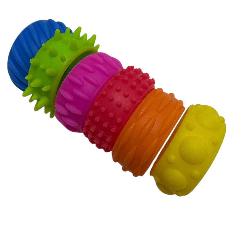 kaiko vibrant colours of the  Halo Picky Bands silicone rings lined up like a tube
