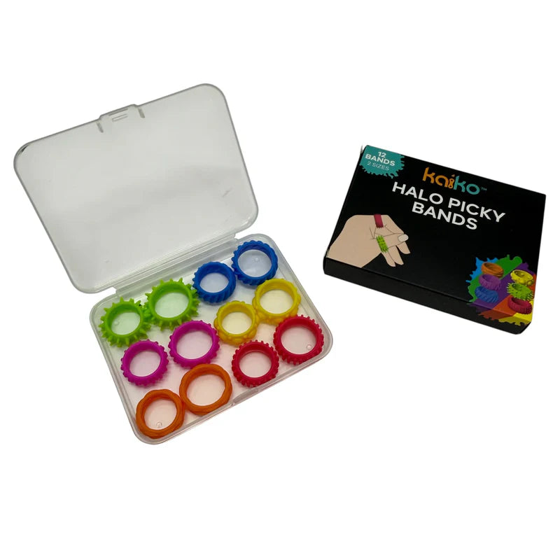 Mulitcoloured Kaiko Halo Picky Bands in a clear case with packaging 