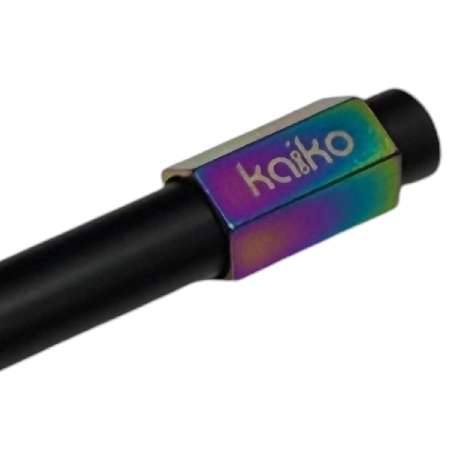 Close up of the oil slick spinner end of the black pen