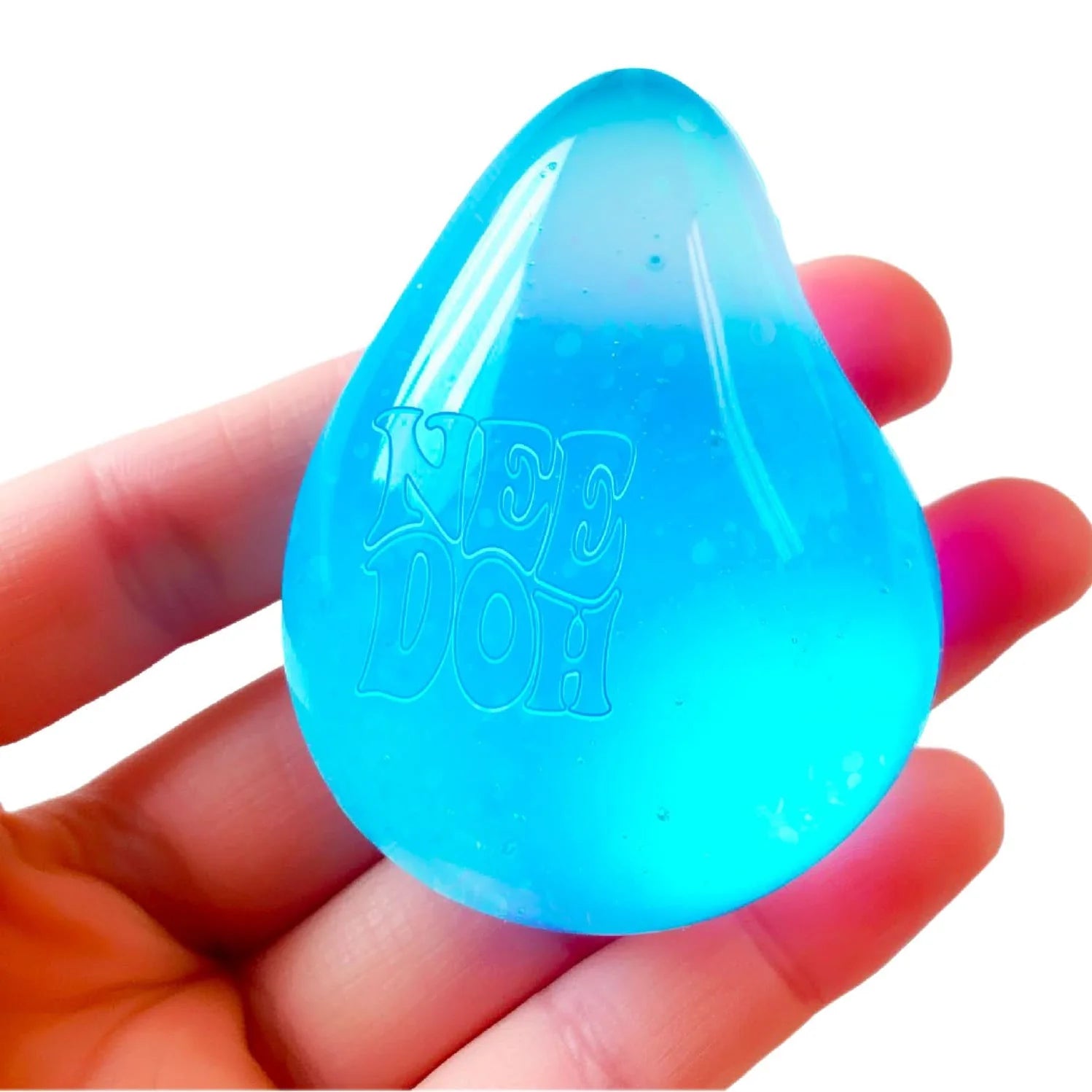Blue raindrop looking squishy in hand