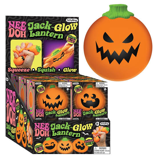 Schylling Jack o lantern glow retail display and pumpkin squishy