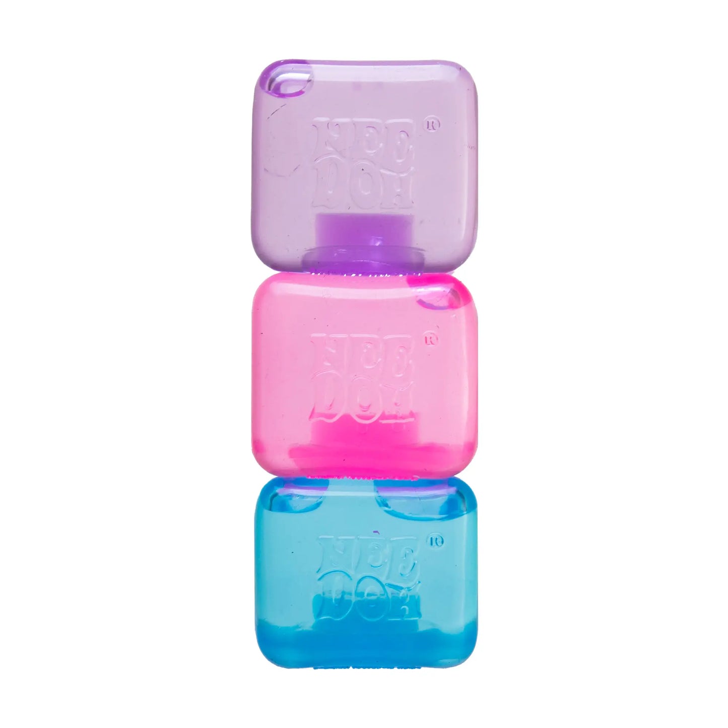 3 translucent needoh teenie nice cubes stacked ontop of each other in purple, pink and blue
