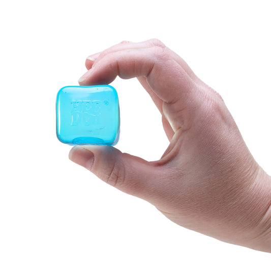 NeeDoh Schylling Nice Ice Baby Teenie cube held in one hand between 2 fingers 