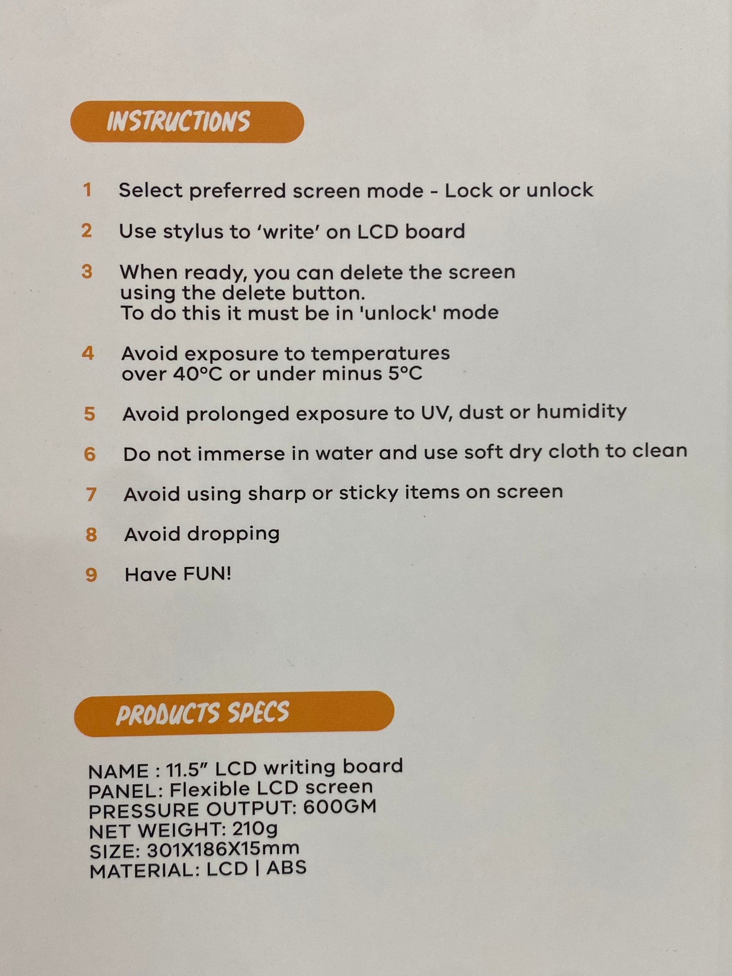 Instructions and specs of the LCD writing tablet