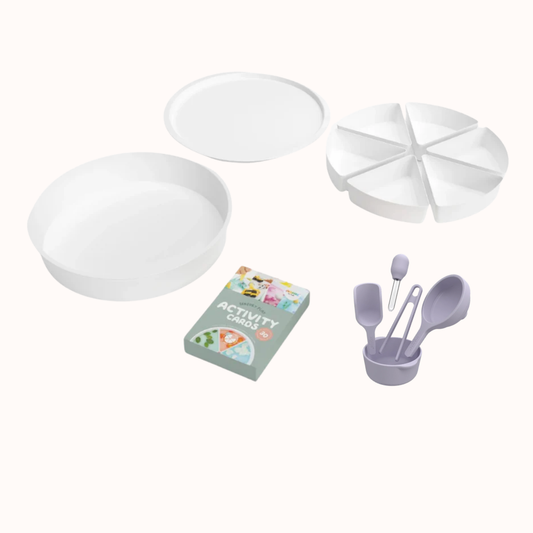 Sensory Play Tray with dividers, lid set of activity cards and tools including a scoop, dropper, tongs, funnel and bowl