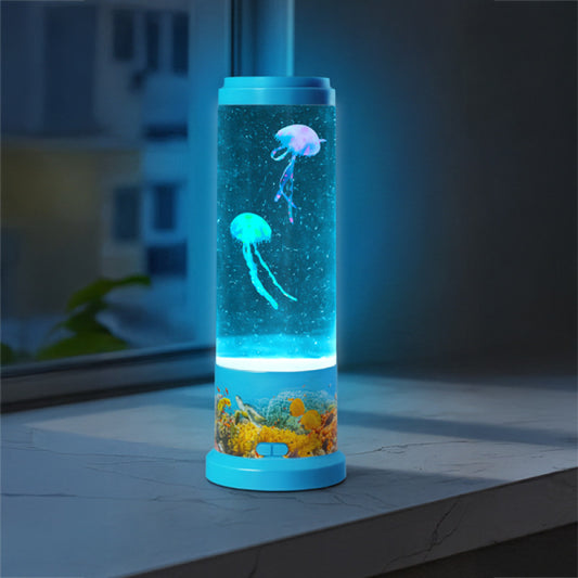 Jellyfish lamp glowing in a dark room