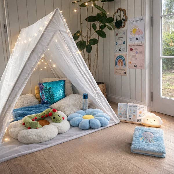 Jelly Stone Calming corner for Children. A white tent-like structure, cushions, and toys on a wooden floor.