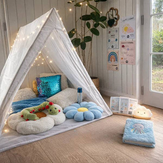 Jelly Stone Calming corner for Children. A white tent-like structure, cushions, and toys on a wooden floor.