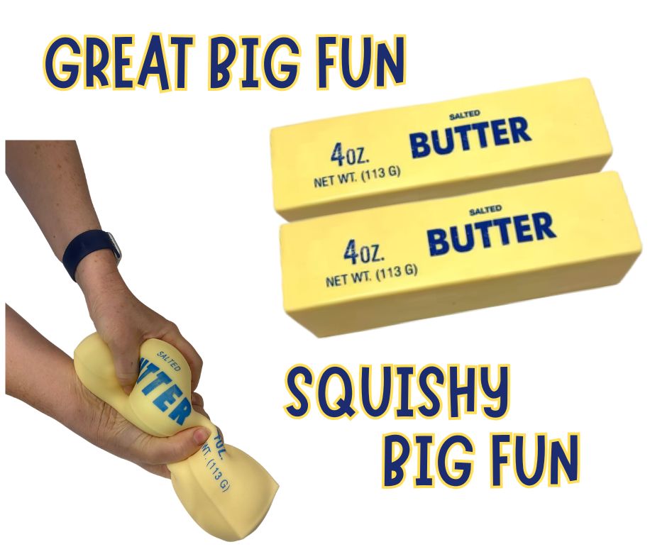 A novelty squishy butter toy shown being squeezed by a person's hands, alongside two yellow butter-shaped blocks with blue text reading '4oz. SALTED BUTTER NET WT.