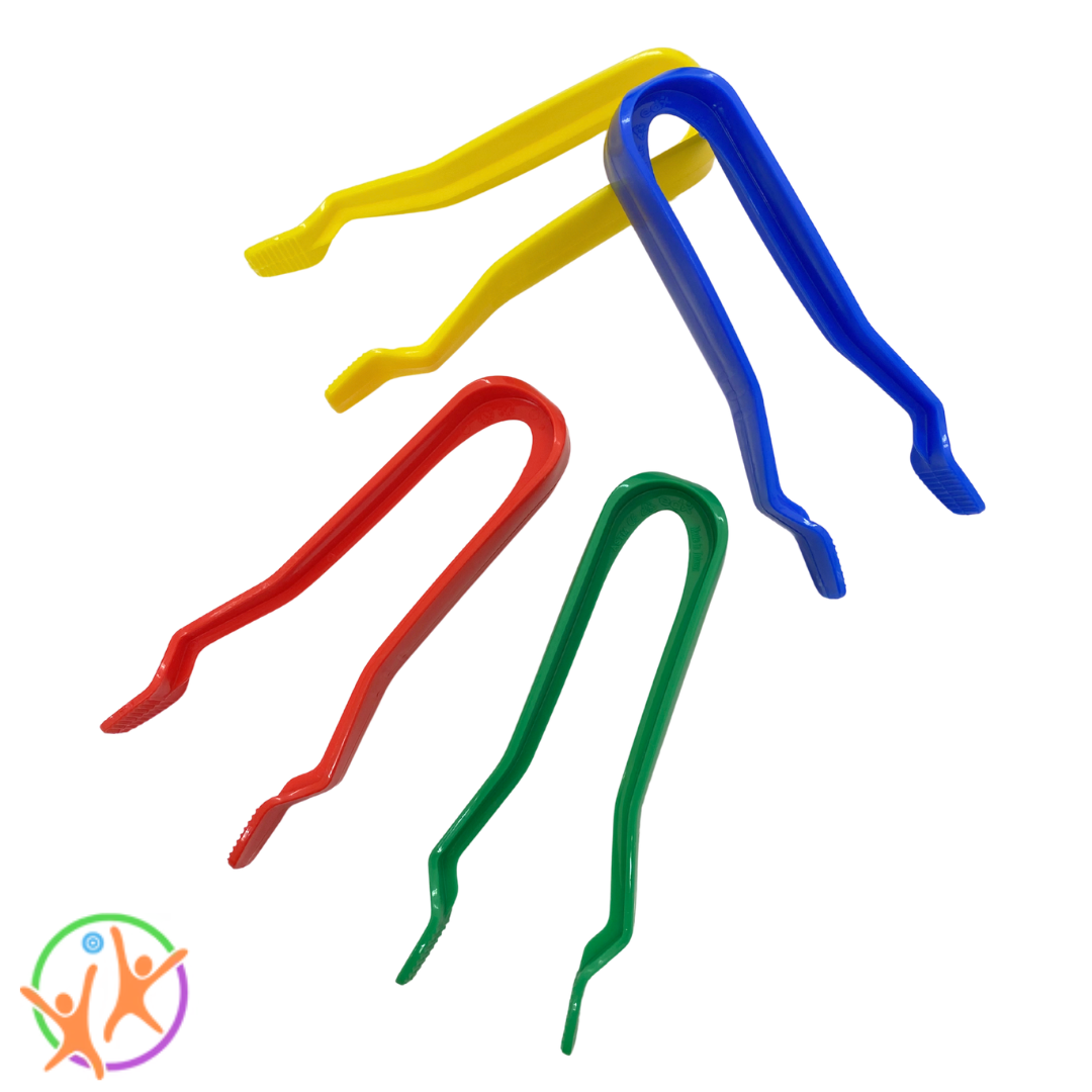 Fours jumbo plastic tweezers in yellow, blue, red and green on a white background