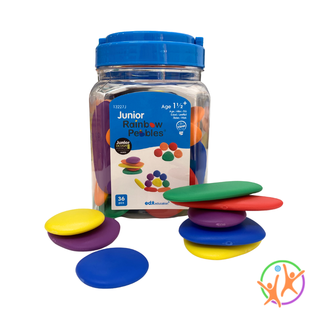 Jar of solid colorful pebbles with a blue lid on a white background