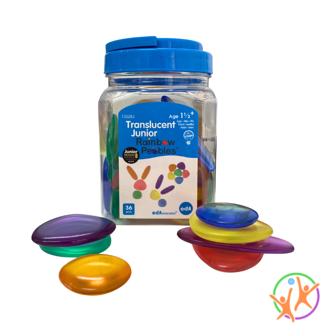 Jar of colorful translucent pebbles with a blue lid on a white background