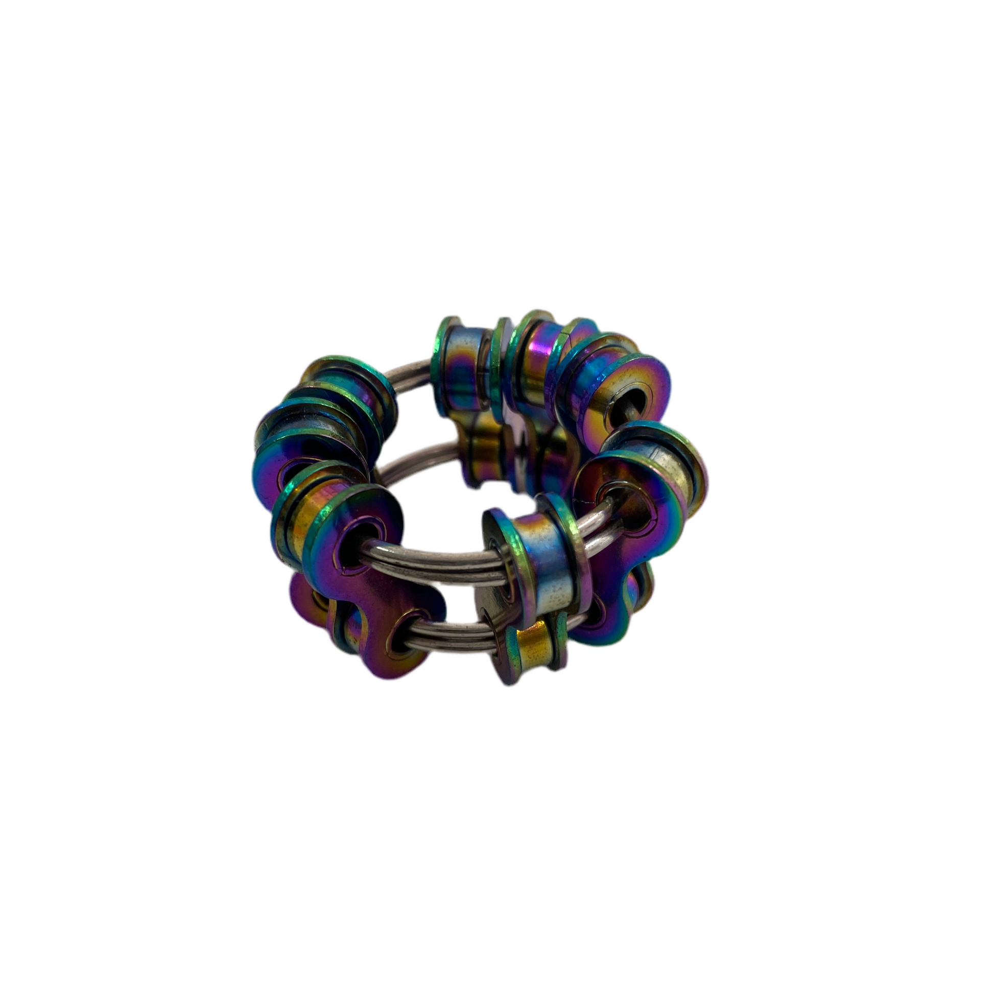 Multicolored oilslick metal chain peices on 2 keyrings white background