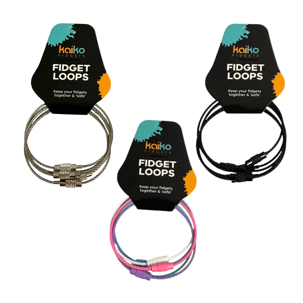 Fidget loops with packaging labeled 'Kaiko Fidgets' on a white background