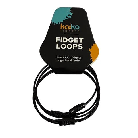 Black Fidget loops with a packaging card displaying the brand 'Kaiko Fidgets' on a white background.