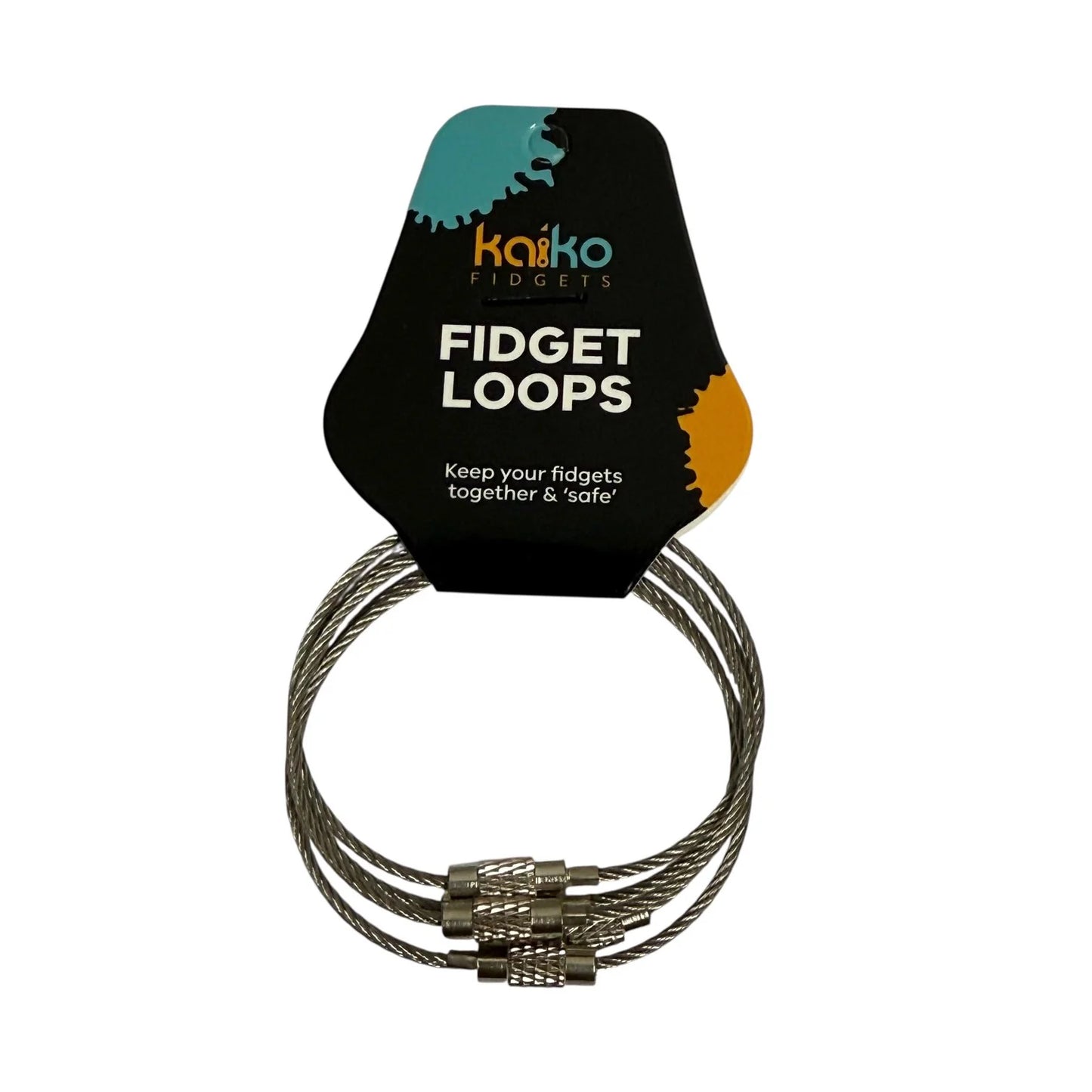 Silver Fidget loops with a packaging card displaying the brand 'Kaiko Fidgets' on a white background.