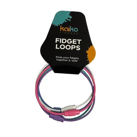 Unicorn coloured Fidget loops with a packaging card displaying the brand 'Kaiko Fidgets' on a white background.