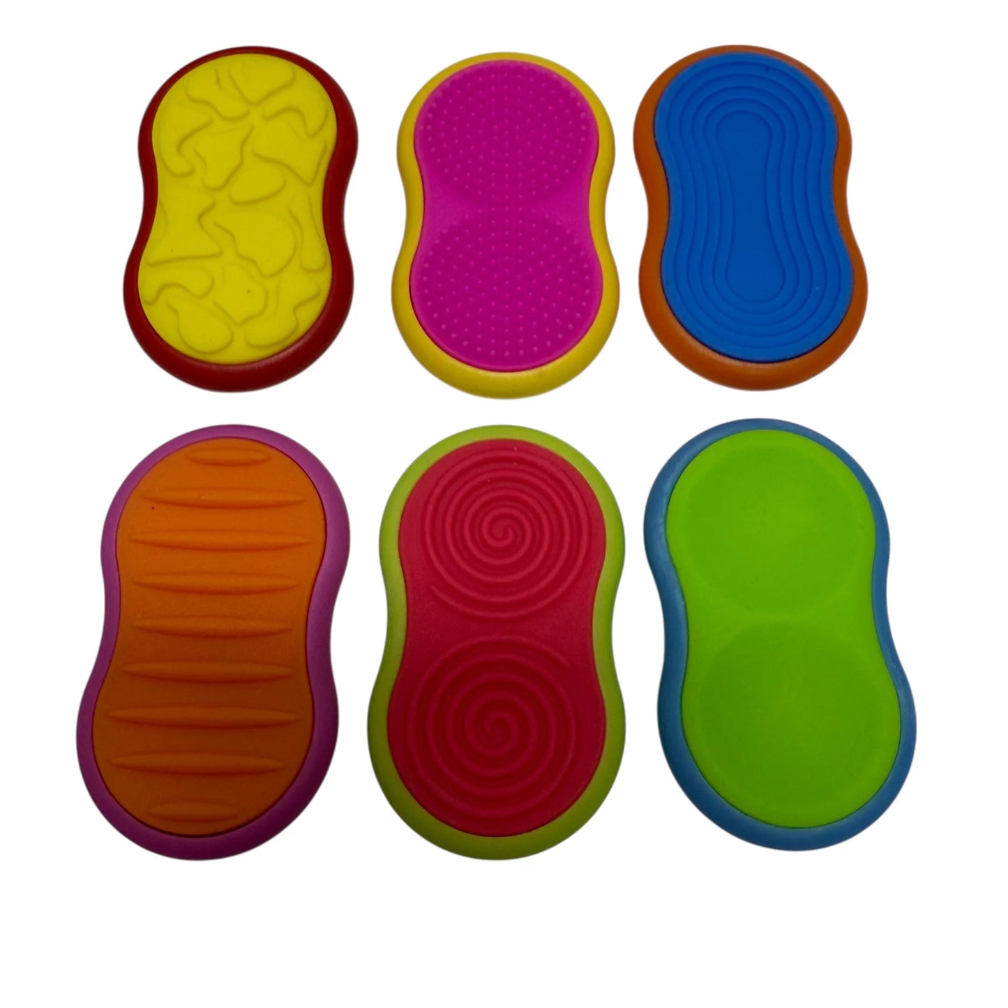Set of six colourful Kaiko Mag Sliders- Magnetic Textured Fidget Pads  on a white background
