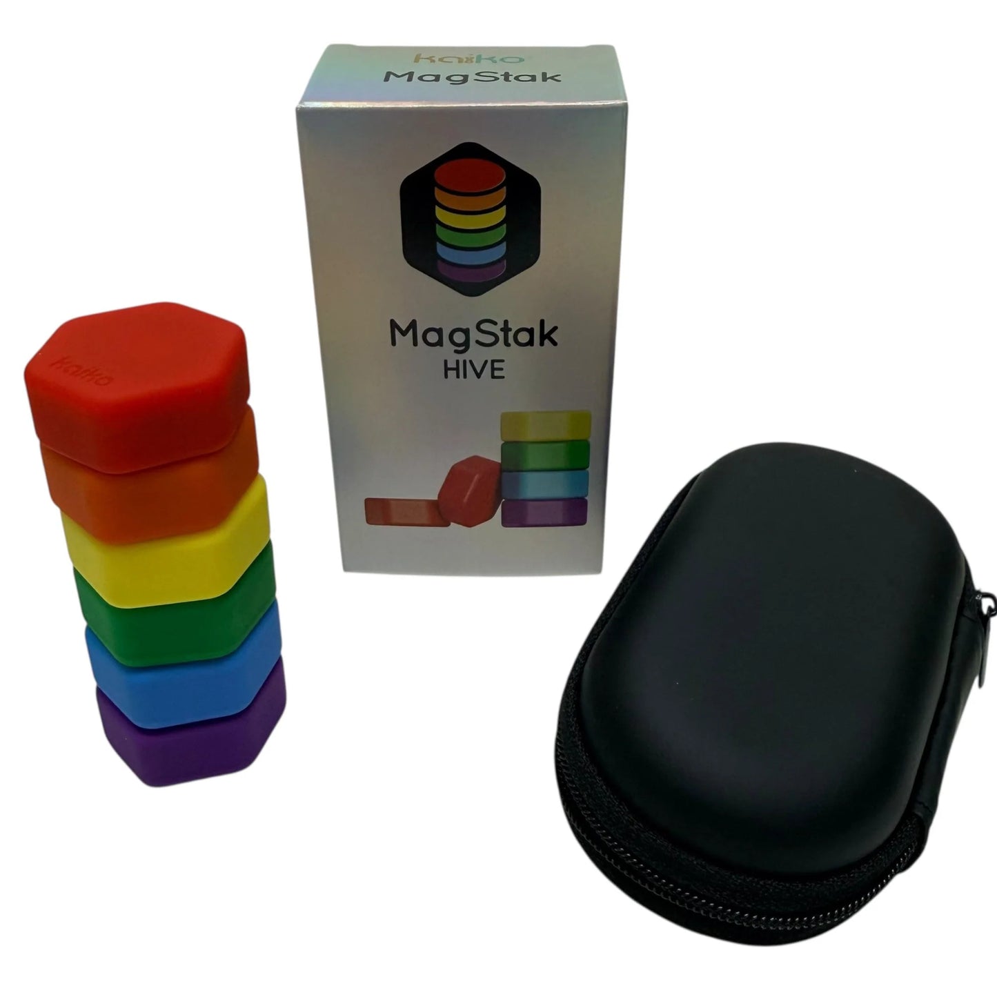 Colorful MagStak magnets with a black carrying case and MagStak Hive packaging on a white background