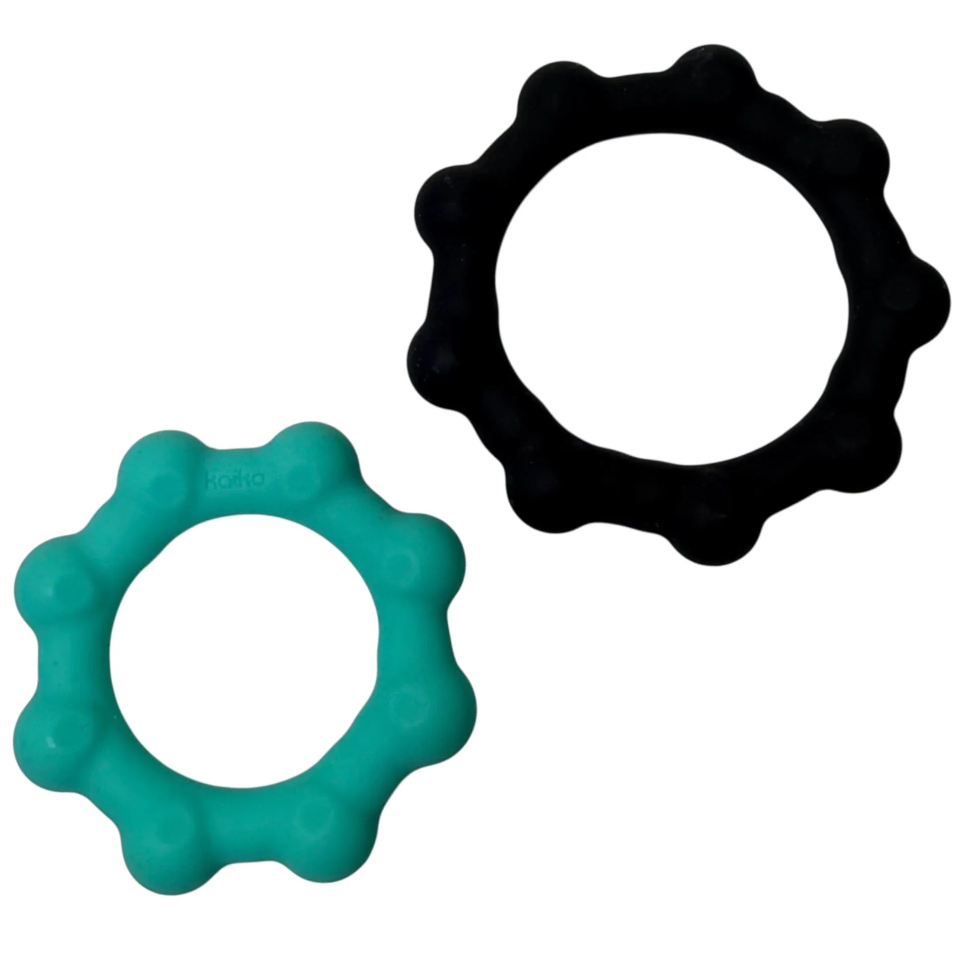 Two kaiko octopops, one black and one teal, on a white background