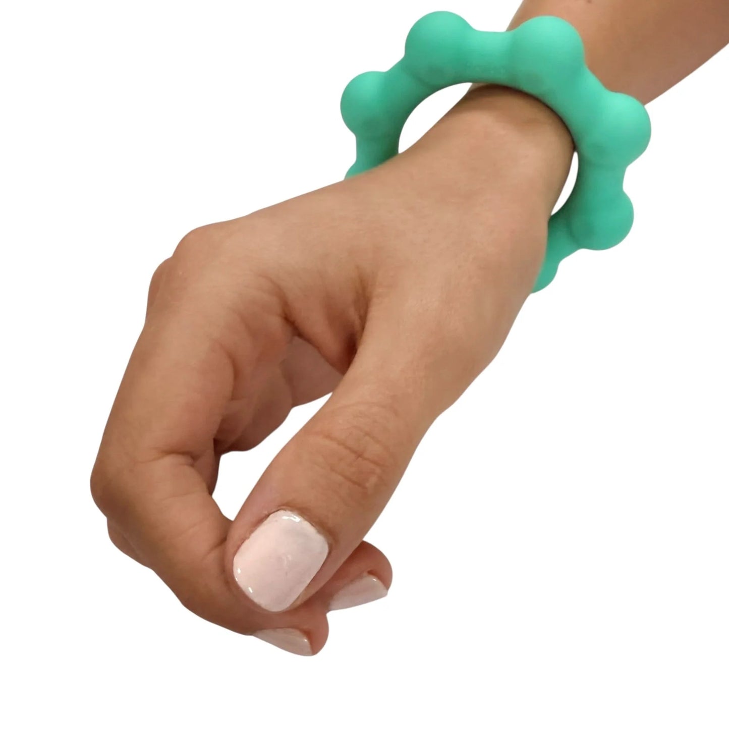 Hand wearing a teal kaiko octopop on a white background