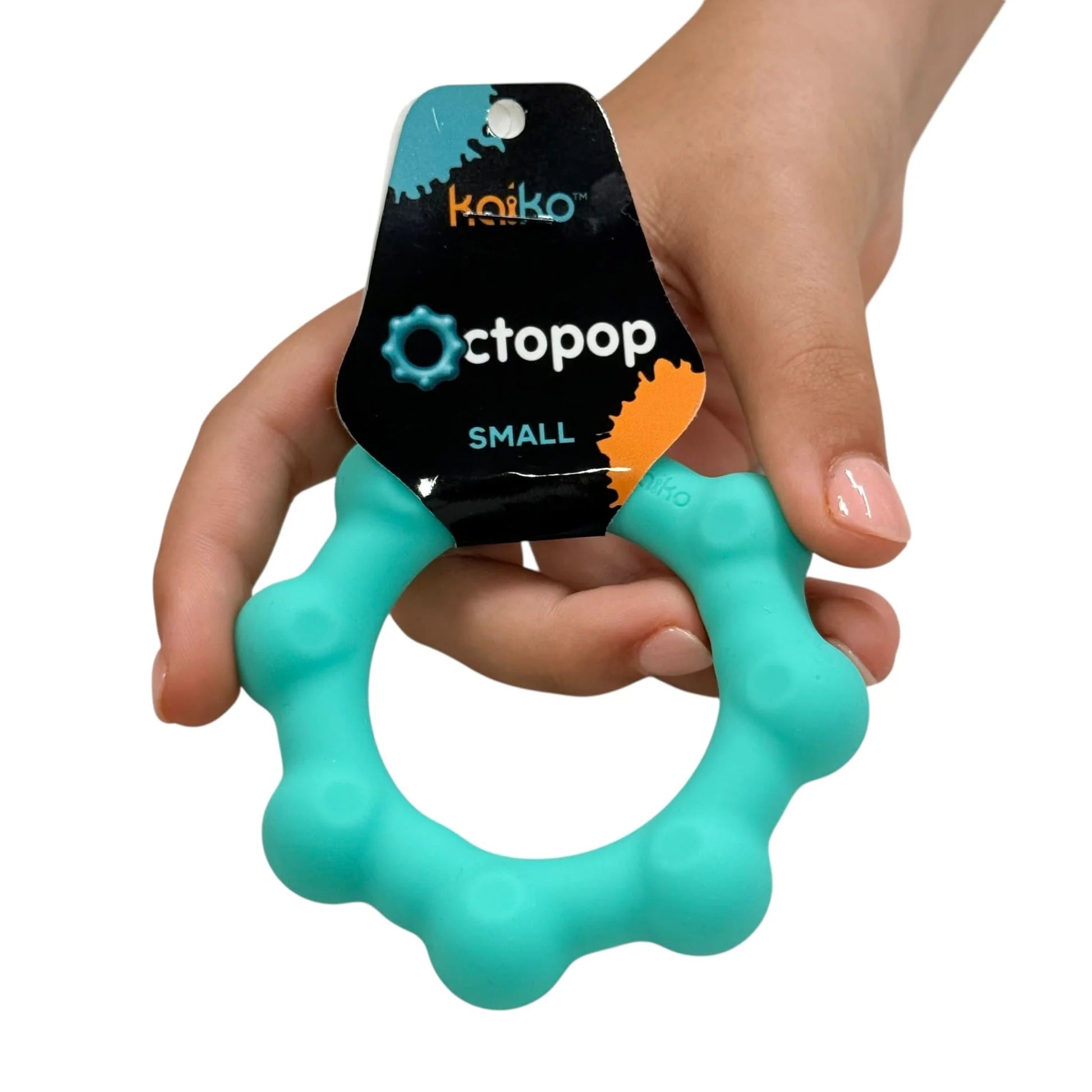 Teal kaiko octopop held by a hand with packaging labeled 'Octopop' and 'Kaiko'.