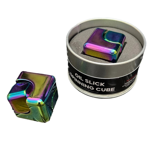 Oil slick spinning fidget cube in tin