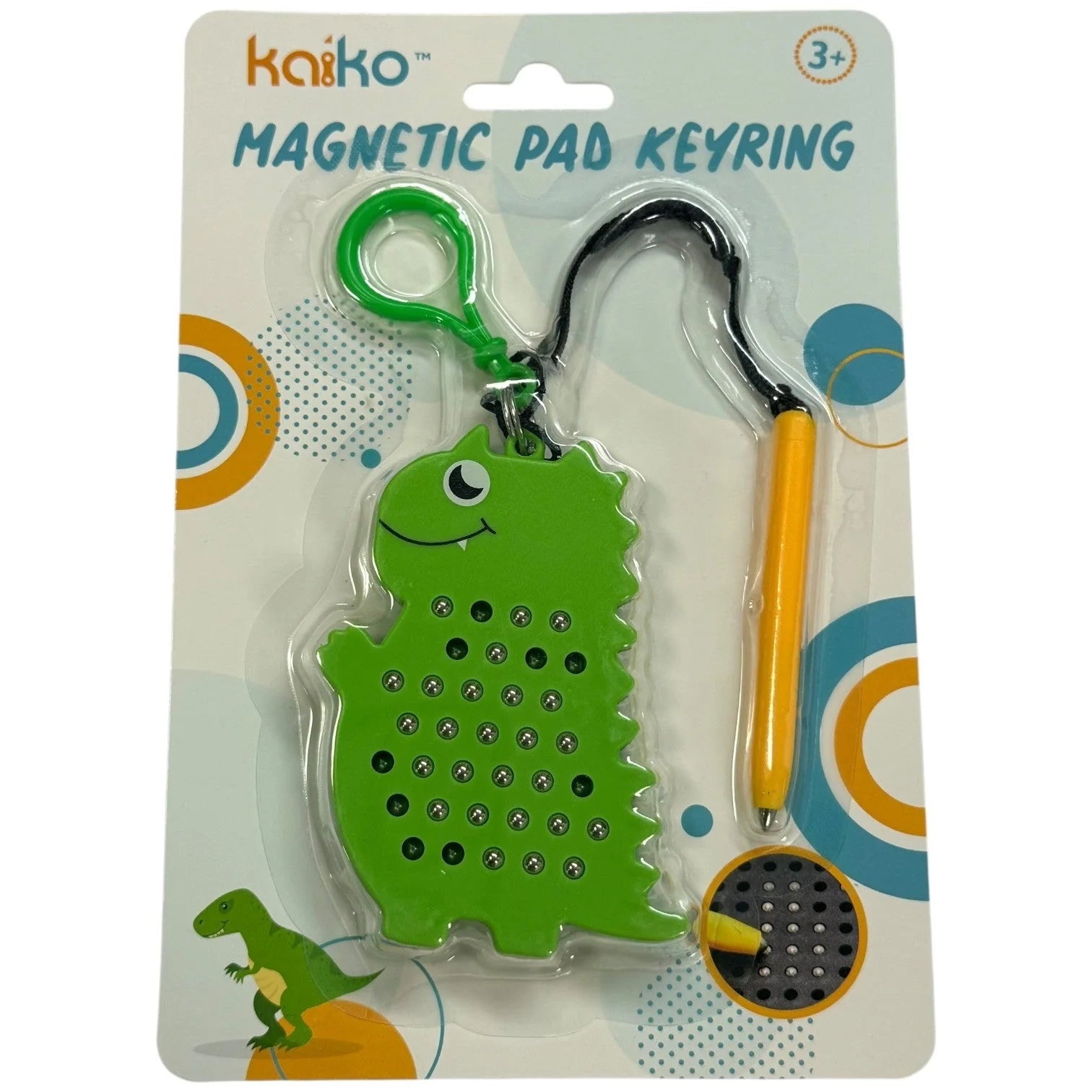 Kaiko dinosaur shaped magnetic pad keyring in packaging on a white background