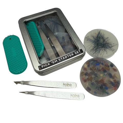 Pick 'em starter set with tweezers, spikey pad, and 2 picky pads stone and hair in a silver window tin
