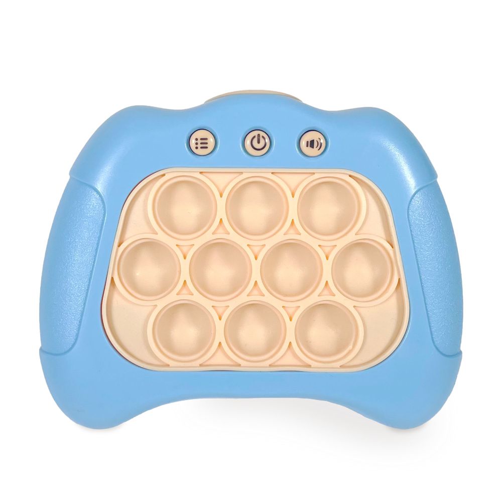 Blue electronic pop it game  with beige push pop buttons 