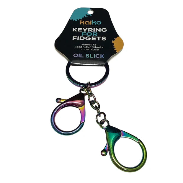 Kaiko oilslick fidget keychain with packaging on a white background