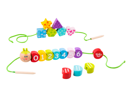 wooden lacing caterpillar counting toy. Colourful children's threading toy with numbers and shapes.