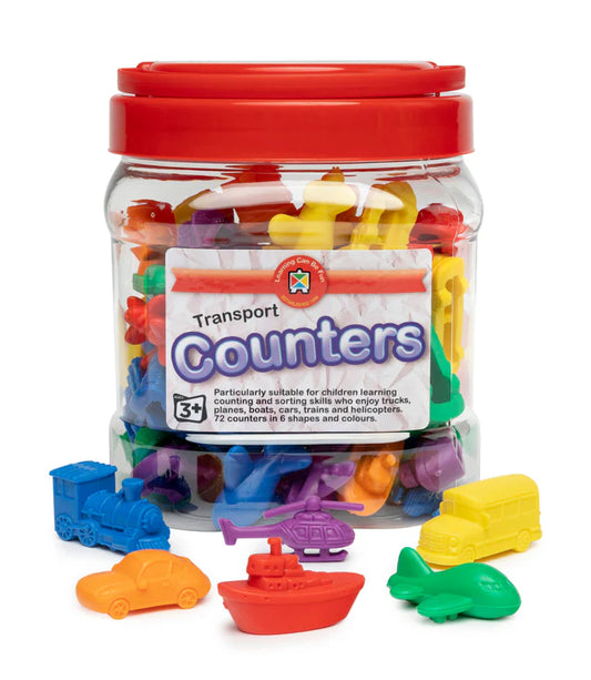 Jar of 72 transport counters in shape of trains, cars, boat, helicopter, bus and plane