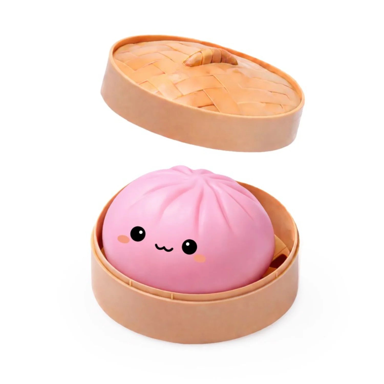 Pink bun-shaped squishy mystery dumpling toy in a steamer with a lid