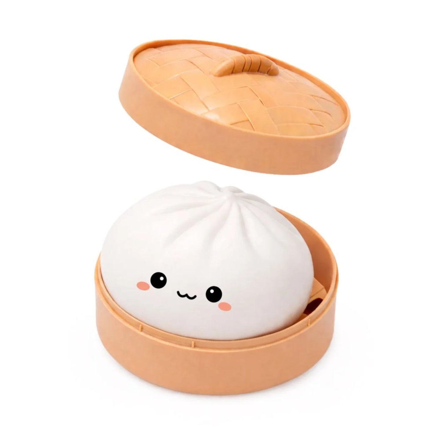 Squishy toy shaped like a dumpling in an open beige container with the lid open