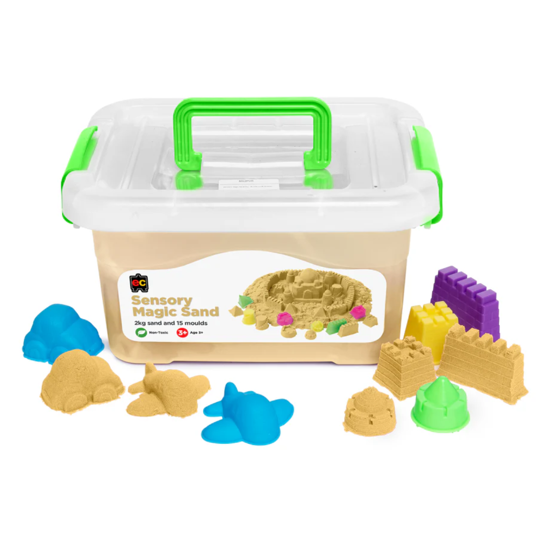 Sensory Magic Sand 2kg set with container, sand, and 15 moulds on a white background