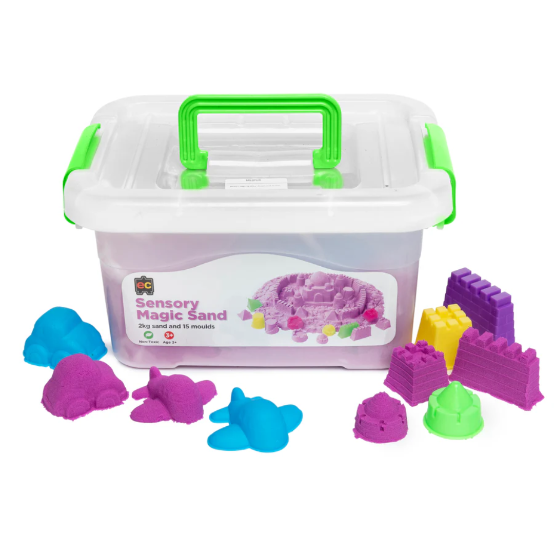 Sensory magic sand 2kg kit with colourful moulds for sensory bin filler on a white background