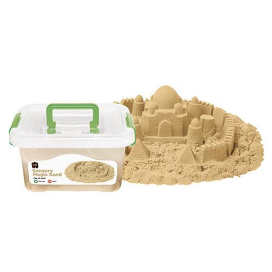 Natural magic sand with clear storage box on a white background