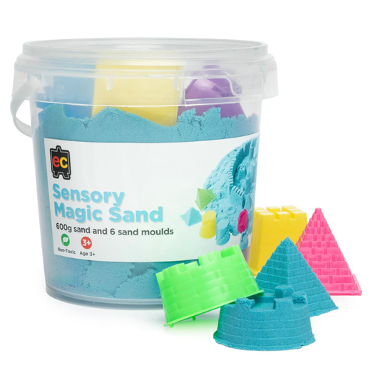 Sensory magic sand starter kit with a container of blue sand and mini colourful sand moulds on a white background