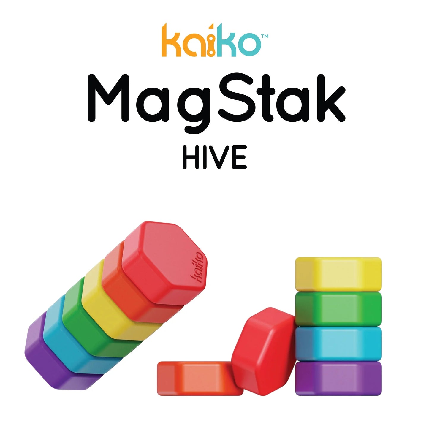 Colorful silicone covered magnets with 'kaiko MagStak Hive' branding on a white background