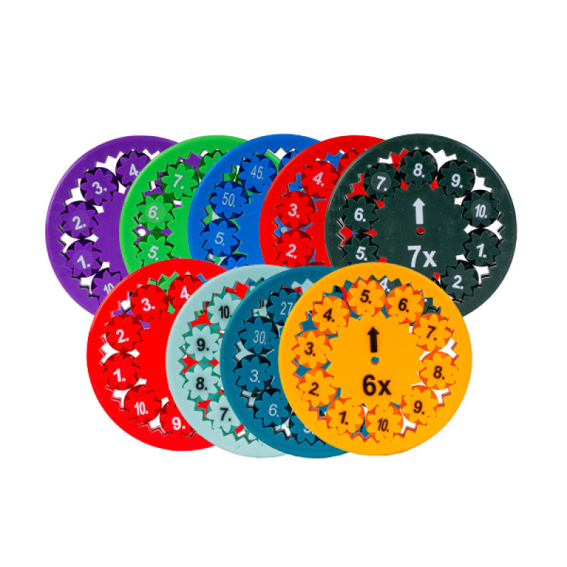 Eight colorful circular math fidget spinners featuring multiplication and division challenges with interlocking gears and numbered teeth.