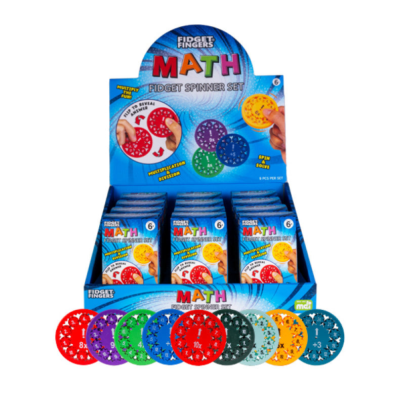 Math Fidget Spinner Set retail display and individual spinners, featuring colorful gears for learning multiplication and division.